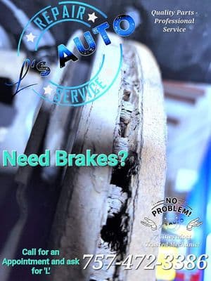 A promotional graphic for Knight’s Mobile Auto Maintenance & Repair in Chesapeake, VA, featuring a tire with a crack and text advertising brake services, contact information, and assurances of quality parts and professional service.